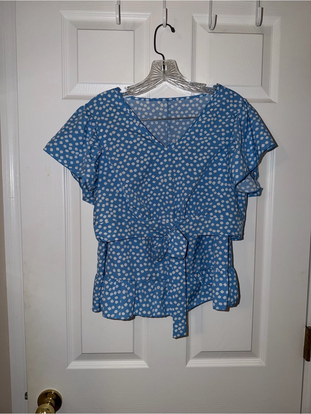 Blue Floral Tie-Front Ruffle Sleeve Blouse and Skirt SET